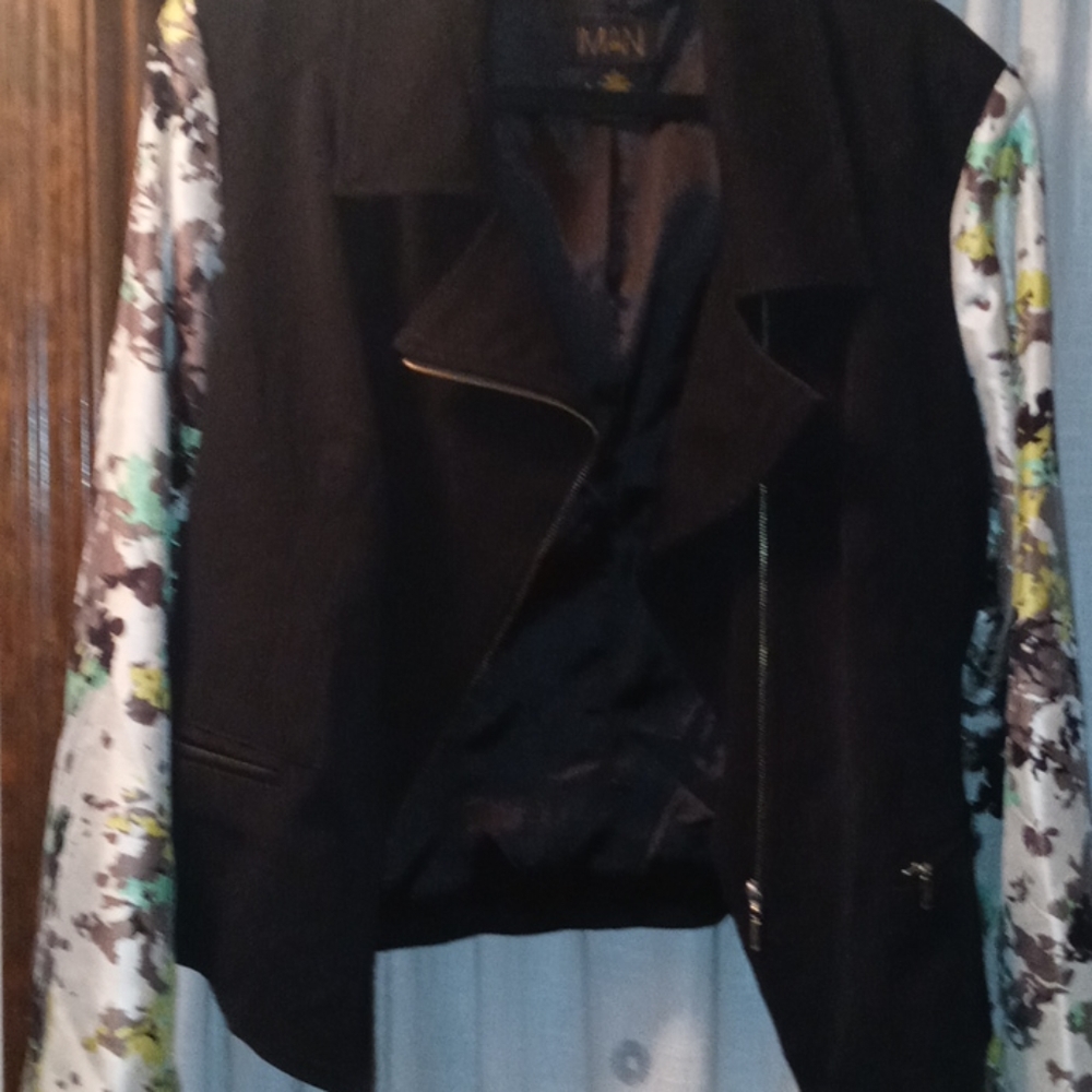 Black Moto Jacket w/Floral Pattern sleeves